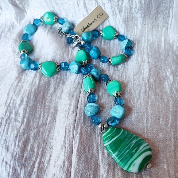 Art Sea Glass Stone Silver Tone Stephan & Co Green Turquoise Color Necklace NWT - Picture 2 of 15
